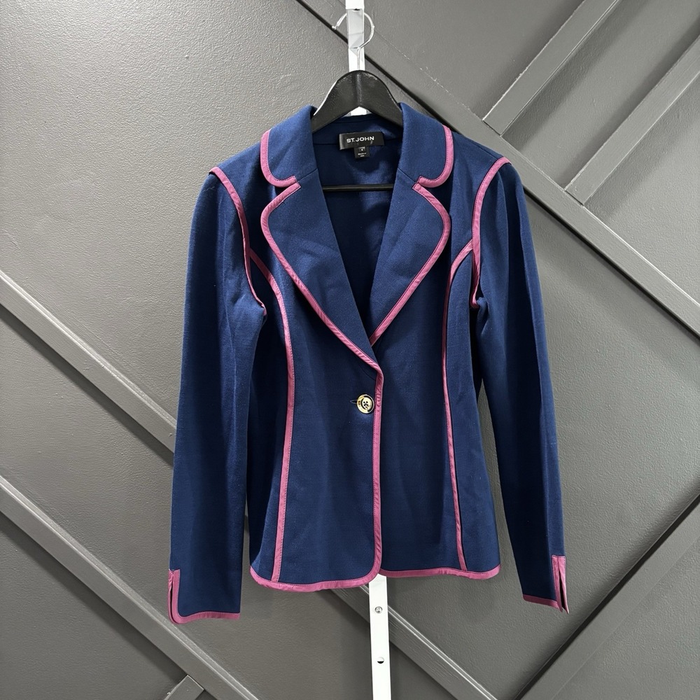 St. John Navy Blue Knit Blazer Jacket Pink Piping Gold Button Womens Size 4
